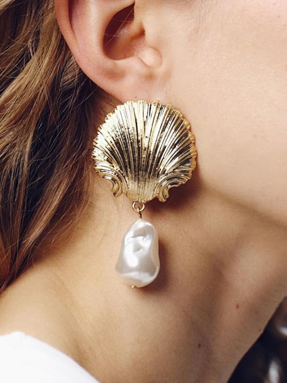 Zara Gold Shell Earrings with White Pearl Drop
